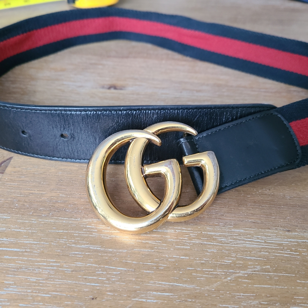 Gucci Black and Red Belt with Gold GG Buckle
